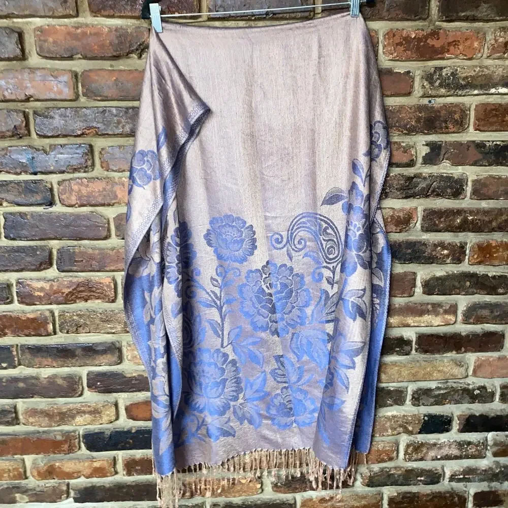Pashmina Tan Blue Reversible 100% Pashmina Rectangle Shawl Scarf Women's